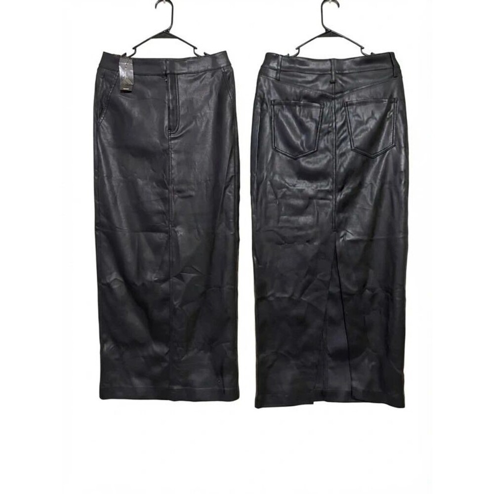 Express Black Faux Leather Midi Skirt Size 6 High Waist Pockets Size 6